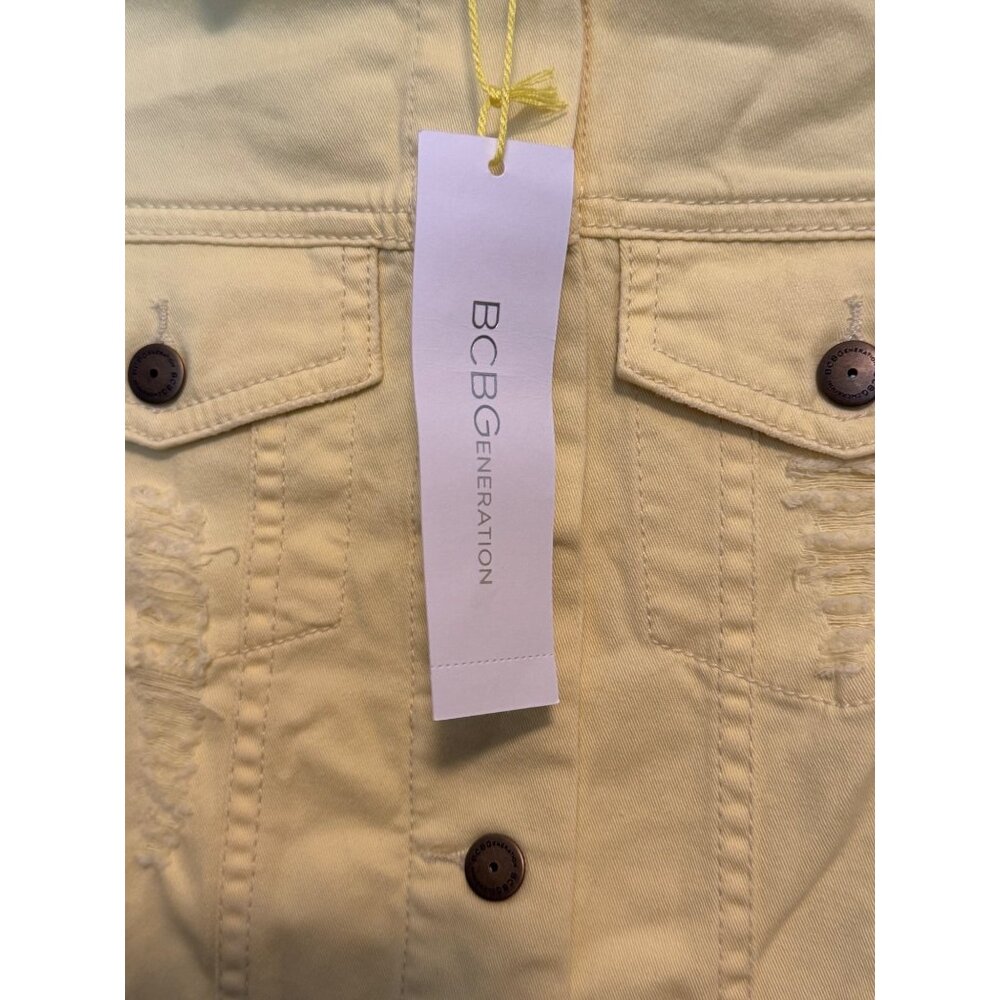 Bcbg Generation Cropped Small Denim Jacket In Soft Lemon Yellow Distressed - Picture 4 of 8